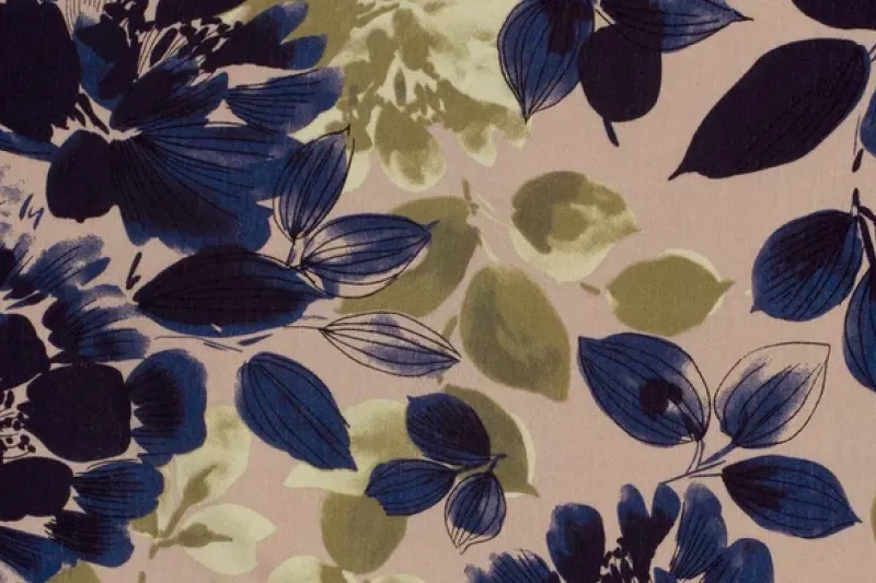 Broken Crêpe Stof, Bloemen Print, Marine/Oud Roze/Olijf Groen, P888-1