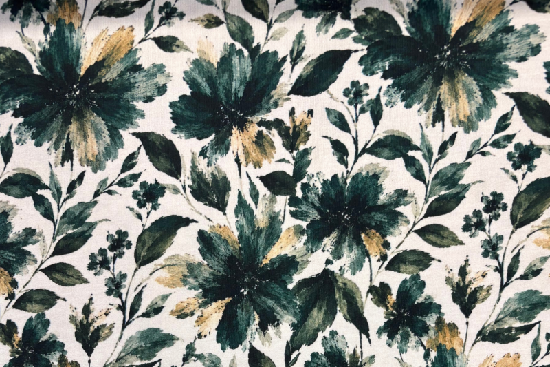 Tricot katoen stof, bloemen print, groen/crème. Actie25-1