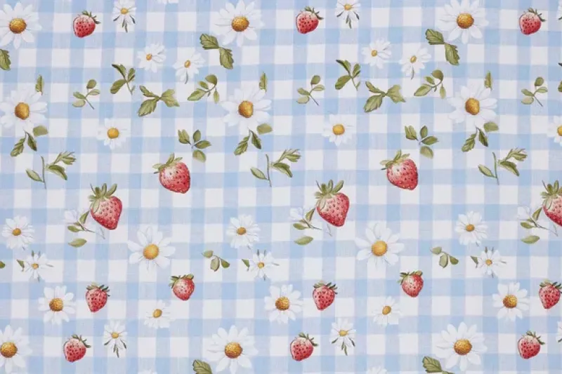 Poplin Katoen Stof, Aardbeien Print, Baby Blauw/Wit/Rood/Groen, P899-1