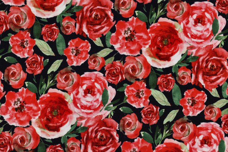 Punta di roma stof, bloemen print, marineblauw/rood/groen. A.137-1
