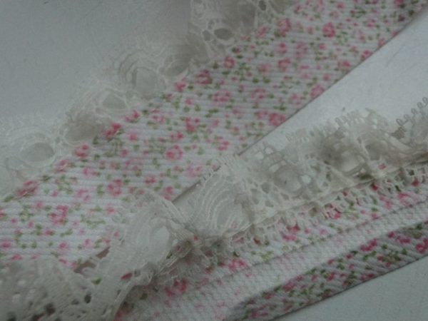 Biasband ecru met roze bloemetje kant ecru, B011 - Afbeelding 2