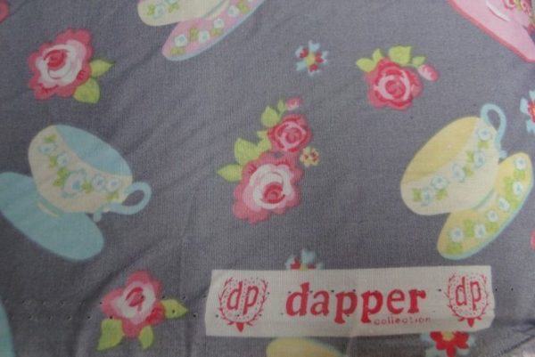 Dapper kinder stof grijs met thee kopjes A0773 - Afbeelding 2