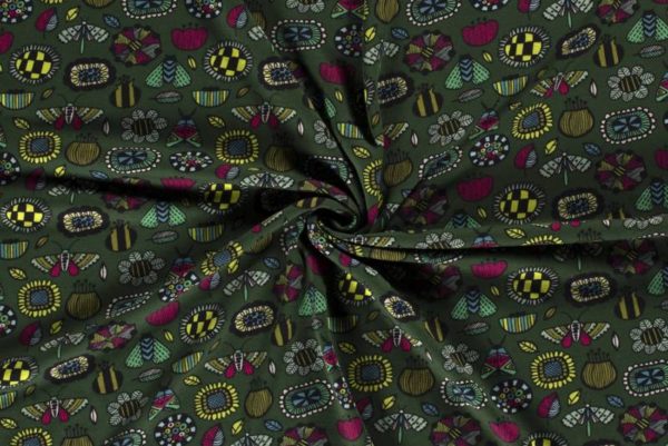 Joggingstof met fleece binnenzijde, insecten en bloem print