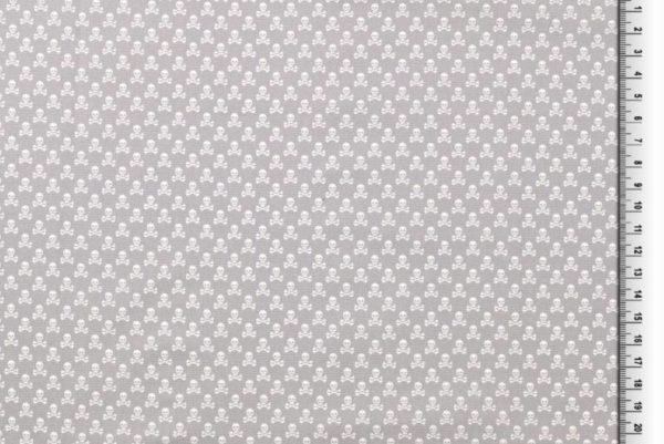 Poplin katoen stof, doodshoofden print, grijs/wit.