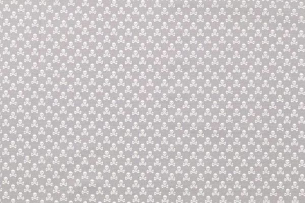 Poplin katoen stof, doodshoofden print, grijs/wit.
