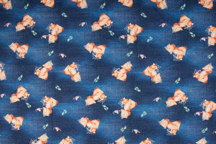 Vrijlating Leger Tijd Katoenen tricot stof, jeans print met vosjes en bladeren,  jeansblauw/oranje. Q2917 - Stoffendorp