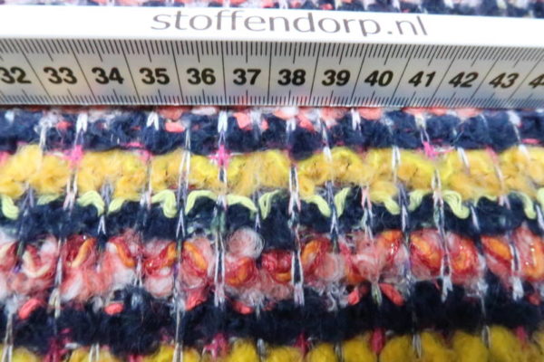 Gebreide stof, los, geel/bauw/roest.