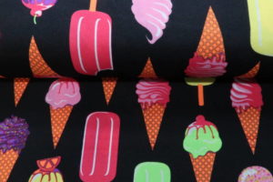 Texture stof, ijsjes print, zwart/oranje/roze/groen