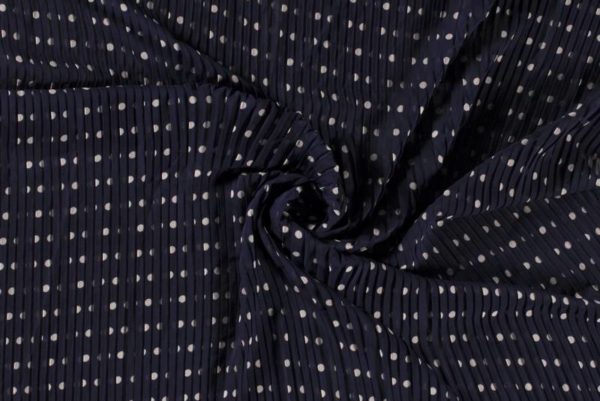 Plissé stof, stippen print, donkerblauw/wit.
