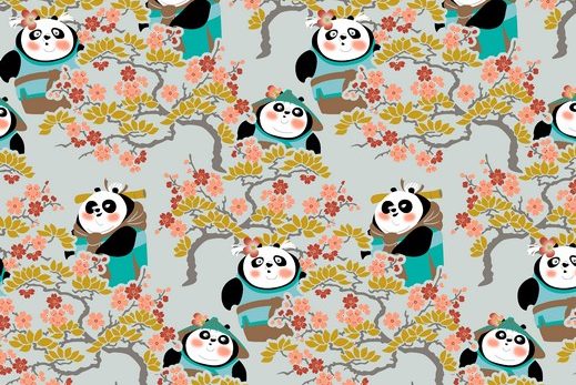 Poplin katoen stof, panda print, grijs. Q4185 - Stoffendorp