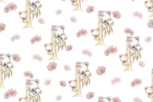 Tricot stof, koalabeertje/bloemprint, beige/roze. Q4922