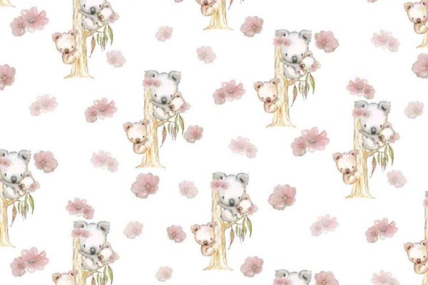 Tricot stof, koalabeertje/bloemprint, beige/roze. Q4922