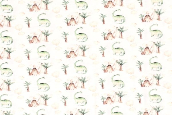 Tricot katoen stof, dino print, off-white/groen/beige