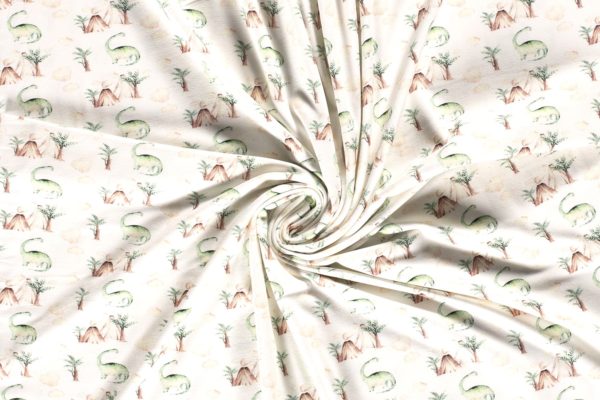 Tricot katoen stof, dino print, off-white/groen/beige