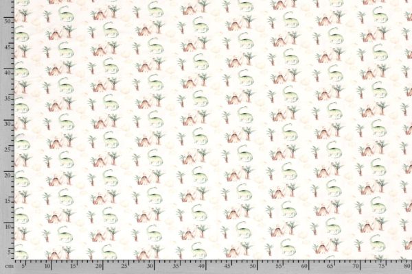 Tricot katoen stof, dino print, off-white/groen/beige
