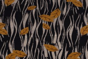 Viscose tricot stof, golven en herfstbladeren, zwart/taupe/mosterdgeel