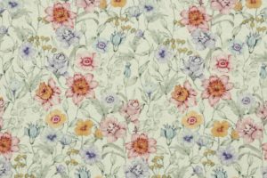 Linnen tricot stof, bloemenprint, ecru/roze/oranje/groen