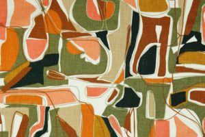 Linnen stof, gewassen structuur, abstracte print, groen/oranje/perzik