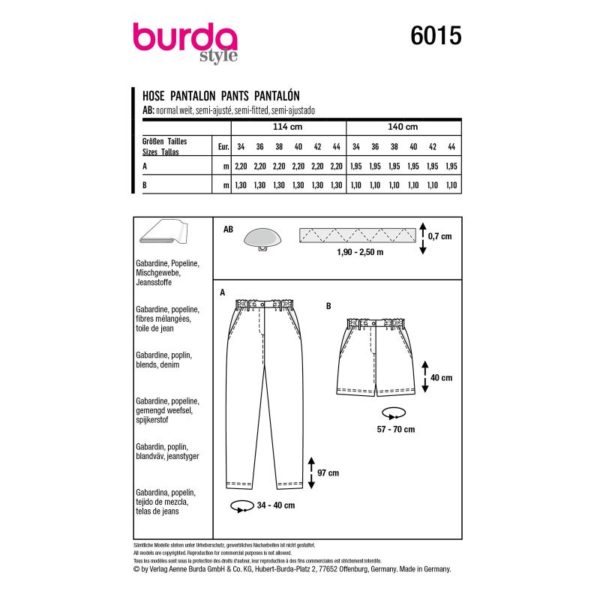 Burda Style Naaipatroon broek en short, 6015. - Stoffendorp