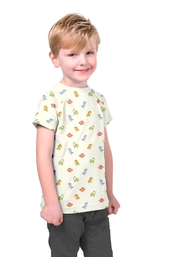 Tricot katoen stof, baby dinoprint, offwhite/oranje/blauw/groen. Z0955 - Afbeelding 4