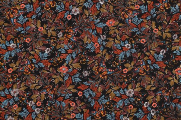A0337-Crepe-chiffon-vlinders-bloemen-zwart-bruin-petrol