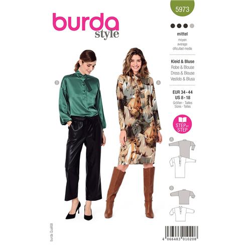 Burda-naaipatroon-jurk-en-blouse-met-strikkraag-5973