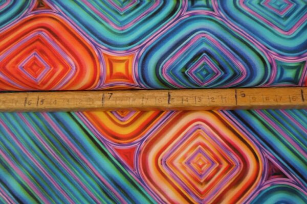 Stenzo katoen stretch satijn stof, grafische fantasie blokkenprint, blauw/oranje/groen/paars. Y464 - Afbeelding 2