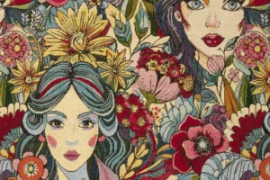 Gobelin-stof-bloemen-met-gezichten-P711