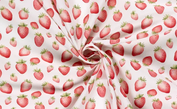 Poplin Katoen Stof, Aardbeien Print, Wit/Rood/Groen, P896-2