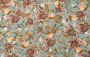 Poplin Katoen Stof, Bloemen Print, Mint/Roze/Groen/Beige, P891-1