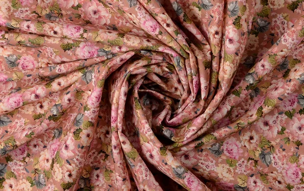 Poplin Katoen Stof, Bloemen Print, Groen/Roze/Oud Roze, P892-2