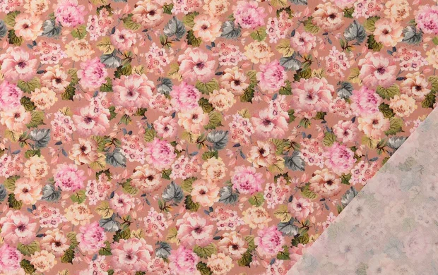 Poplin Katoen Stof, Bloemen Print, Groen/Roze/Oud Roze, P892-3