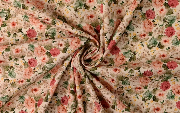 Poplin Katoen Stof, Bloemen Print, Groen/Roze/Oud Roze/Gebroken Wit, P893-2