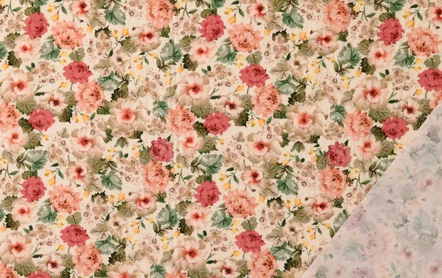 Poplin Katoen Stof, Bloemen Print, Groen/Roze/Oud Roze/Gebroken Wit, P893-3
