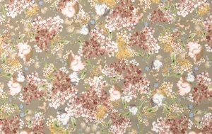 Poplin Katoen Stof, Bloemen Print, Roze/Olijf Groen/Beige, P894-1