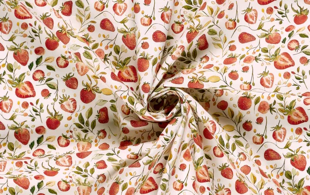 oplin Katoen Stof, Aardbeien Print, Wit/Rood/Groen, P897-2