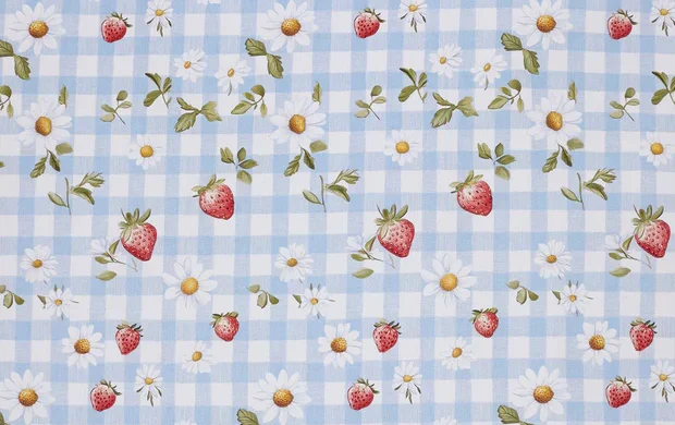 Poplin Katoen Stof, Aardbeien Print, Baby Blauw/Wit/Rood/Groen, P899-1