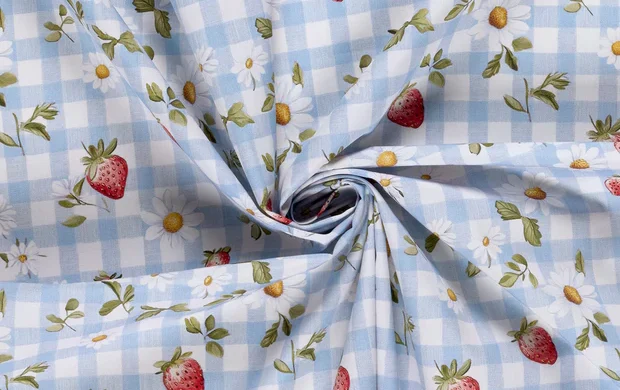 Poplin Katoen Stof, Aardbeien Print, Baby Blauw/Wit/Rood/Groen, P899-2