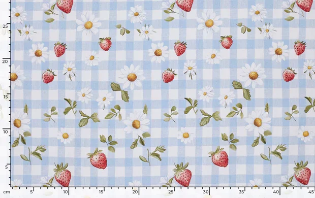 Poplin Katoen Stof, Aardbeien Print, Baby Blauw/Wit/Rood/Groen, P899-4