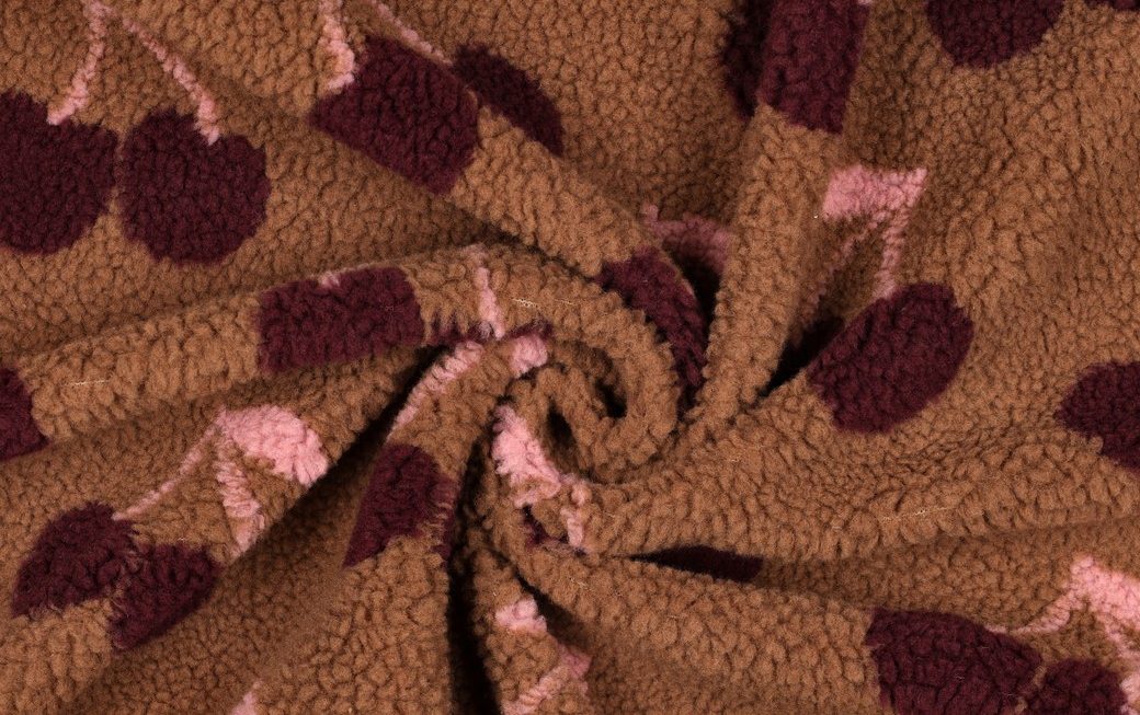 Teddy Jacquard Stof, Kersen, Bruin/Rood. P906-2