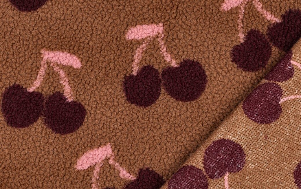 Teddy Jacquard Stof, Kersen, Bruin/Rood. P906-3