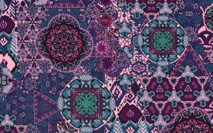 Jersey Digital Ornament Stof, Blauw/Paars/Aqua. P907-1