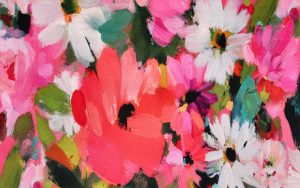 French Terry Stof, Digital Flower, Roze/Groen/Geel. P909-1