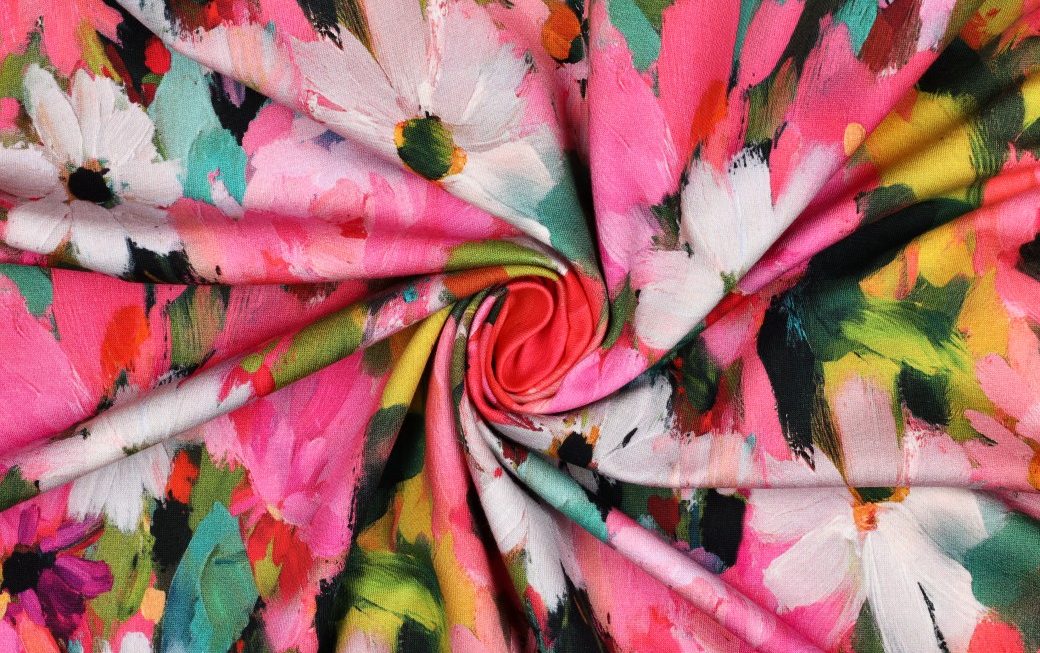 French Terry Stof, Digital Flower, Roze/Groen/Geel. P909-2