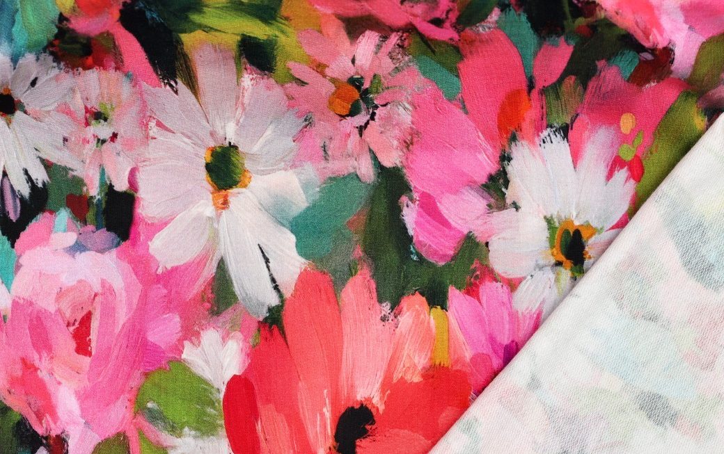 French Terry Stof, Digital Flower, Roze/Groen/Geel. P909-3
