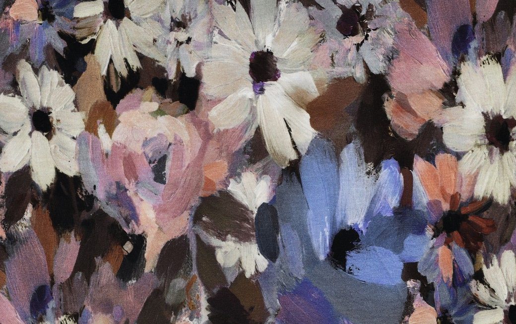 French Terry Stof, Digital Flower, Violet/Bruin/Créme. P910-1