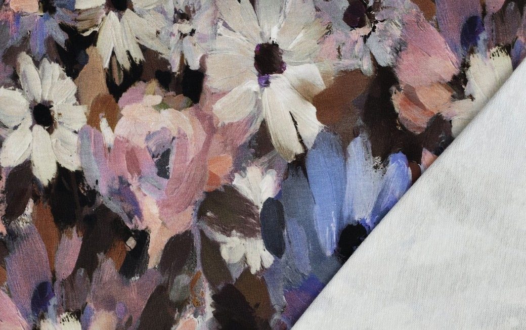 French Terry Stof, Digital Flower, Violet/Bruin/Créme. P910-3