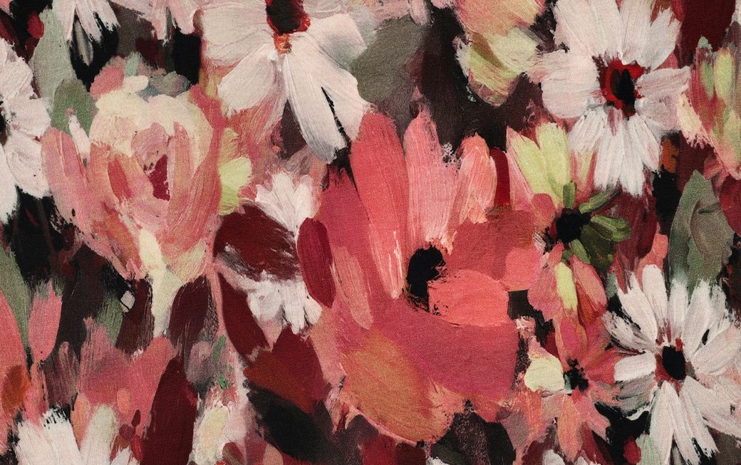 French Terry Stof, Digital Flower, Bordeaux/Groen/Rood. P911-1