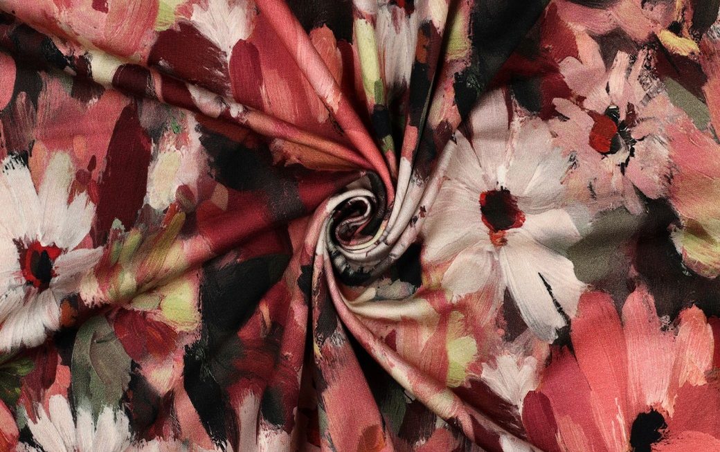 French Terry Stof, Digital Flower, Bordeaux/Groen/Rood. P911-2