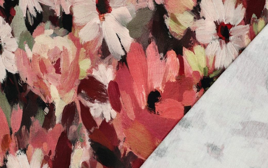 French Terry Stof, Digital Flower, Bordeaux/Groen/Rood. P911-3